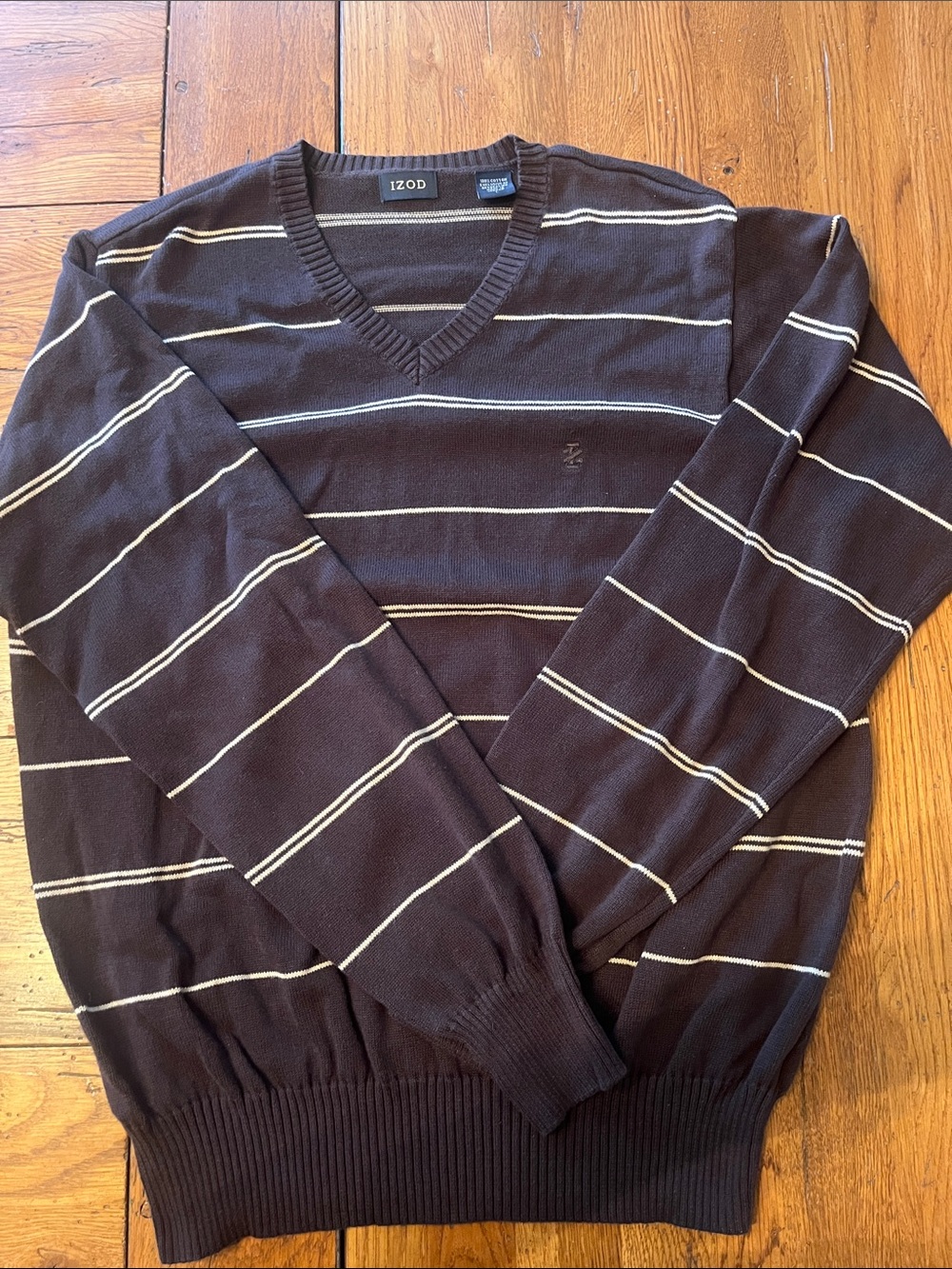 Izod Men's Dark Brown V-Neck Sweater with Cream Stripes